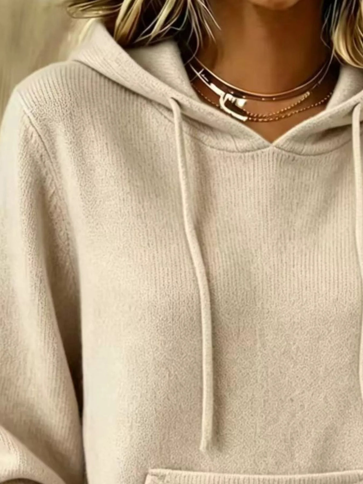 Women's Drawstring Kangaroo Pocket Hooded Sweater in beige — neckline detail view