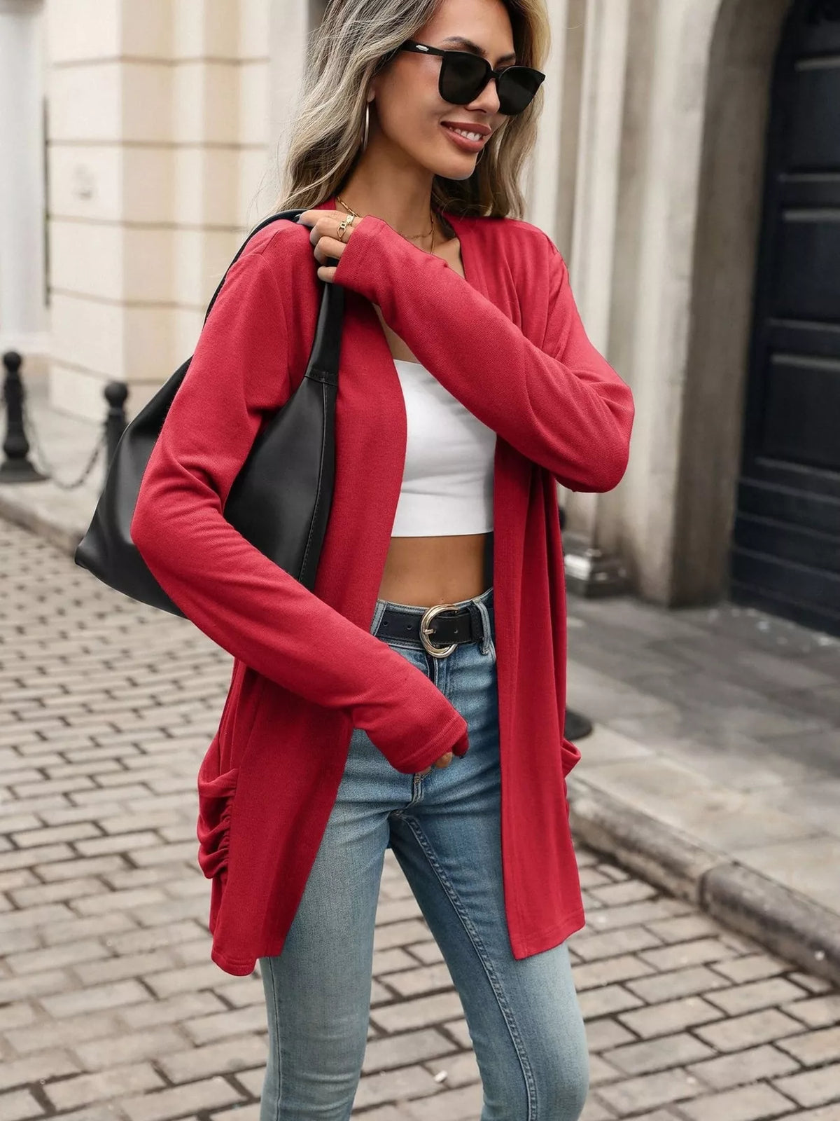 Ruched pocket open-front cardigan