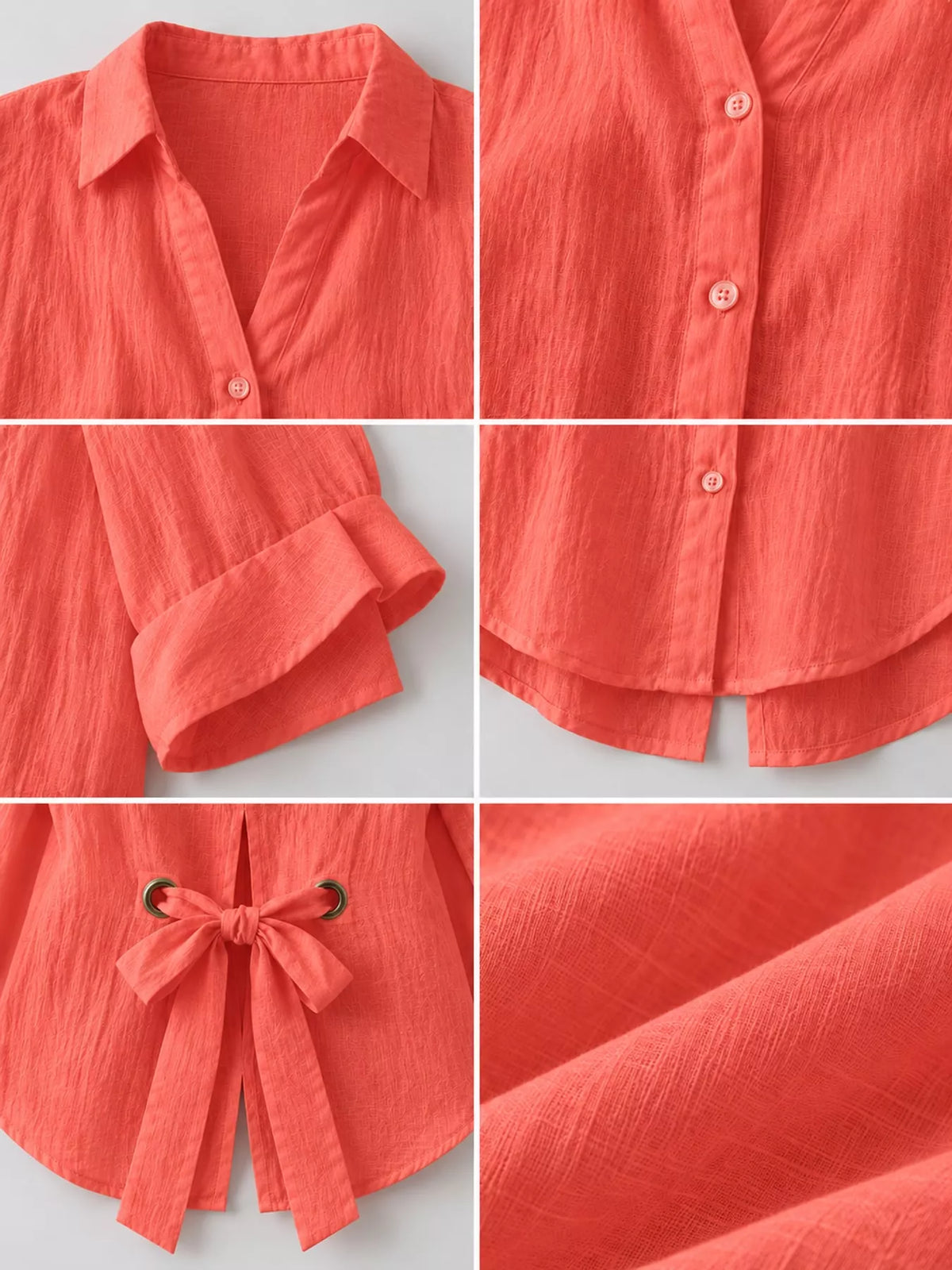 Coral loose fit tie back shirt, detail view