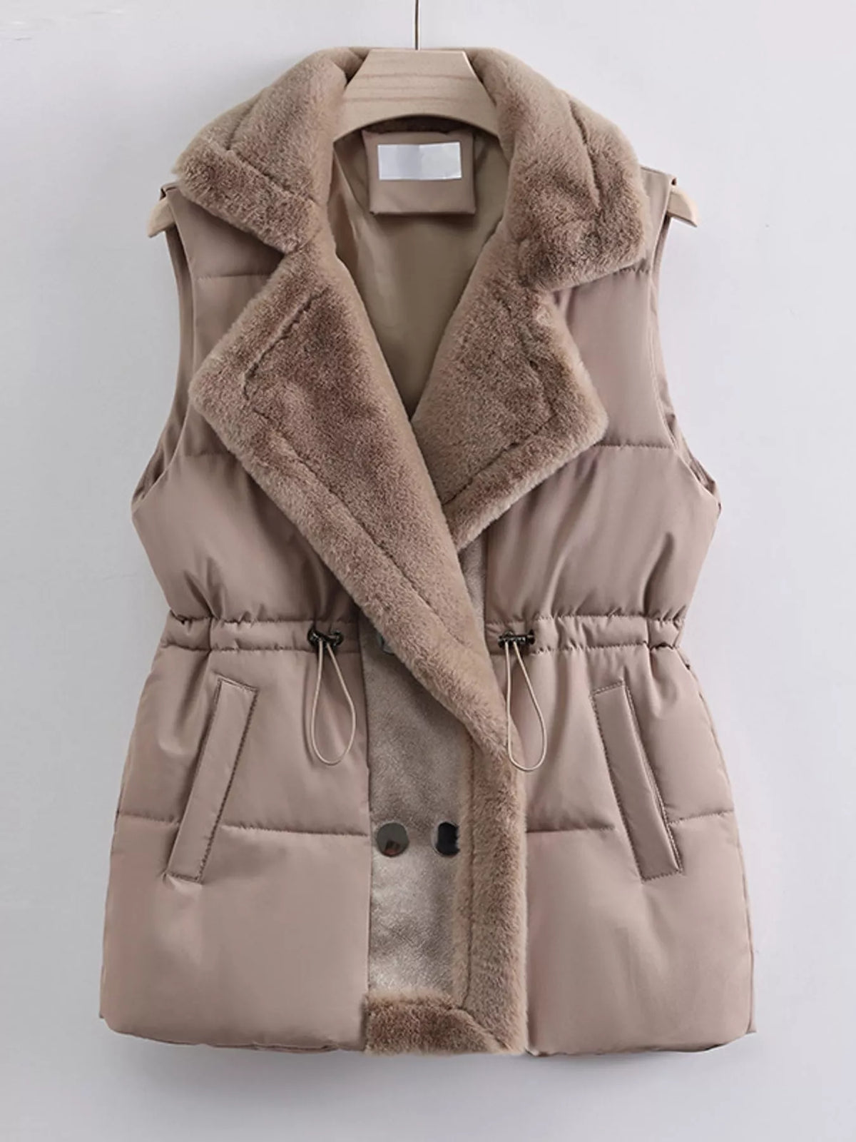 Faux-fur-trim vest, taupe front