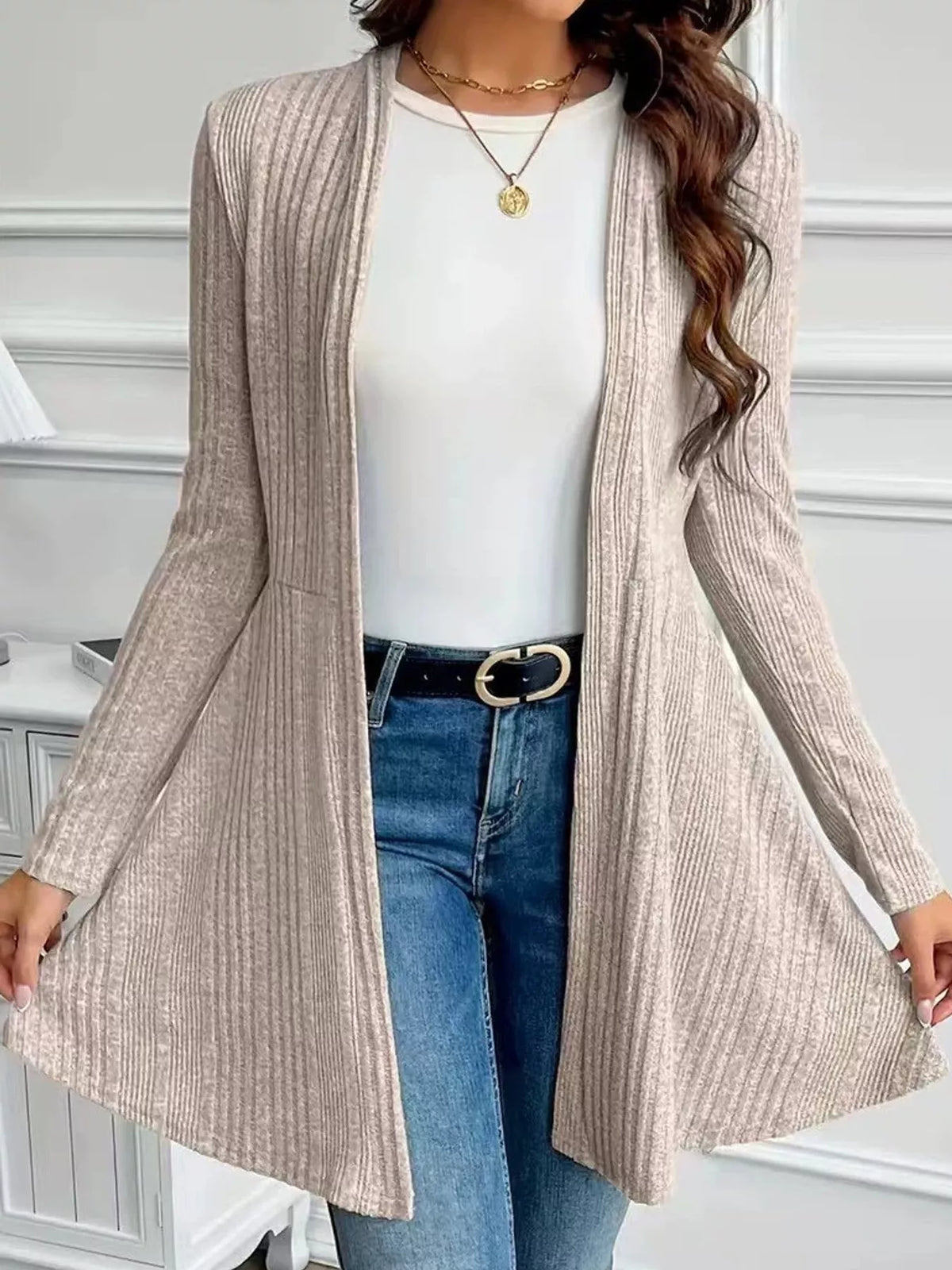 Apricot ribbed knit open front cardigan