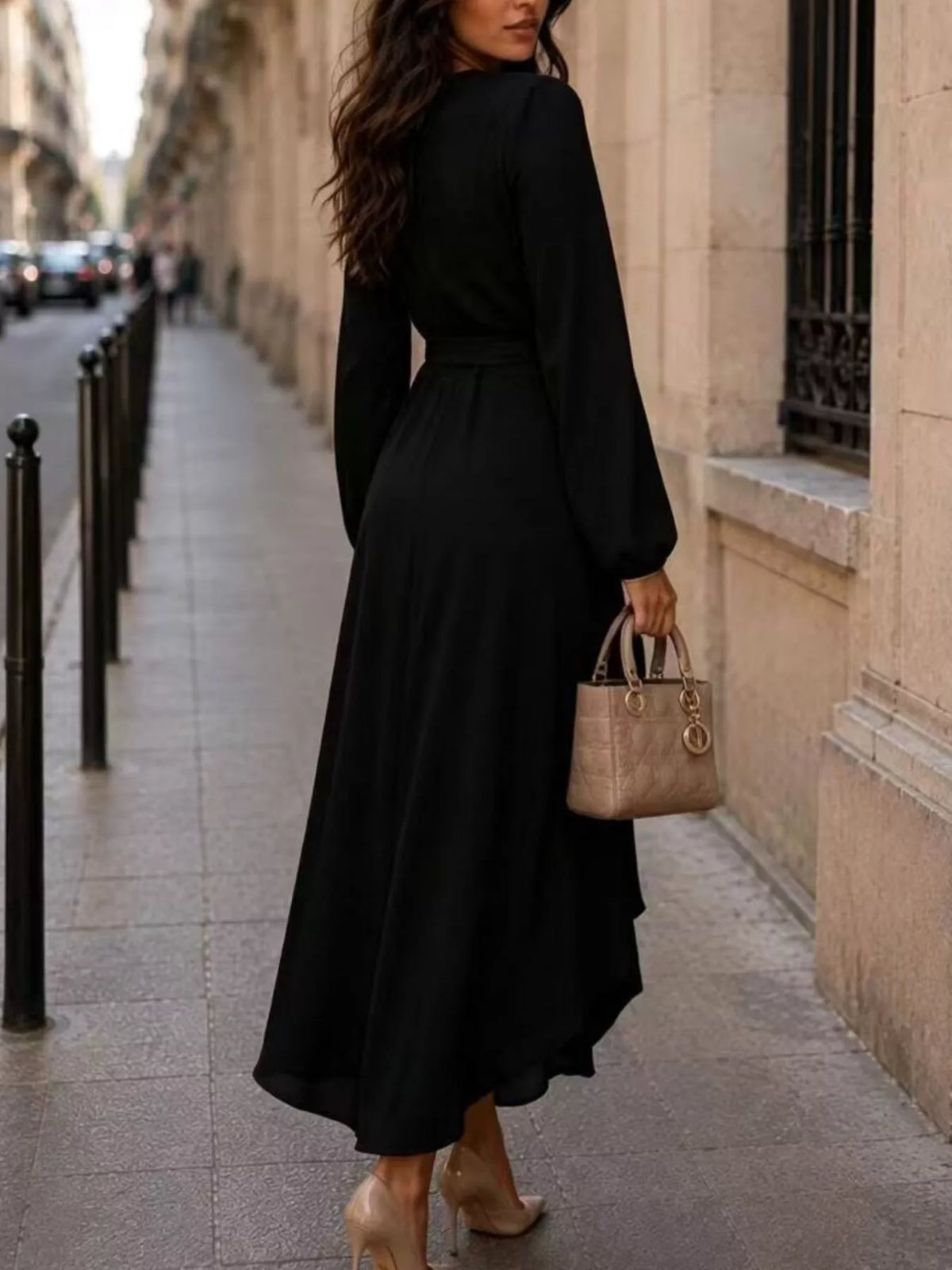 Black long sleeve wrap dress with waist tie