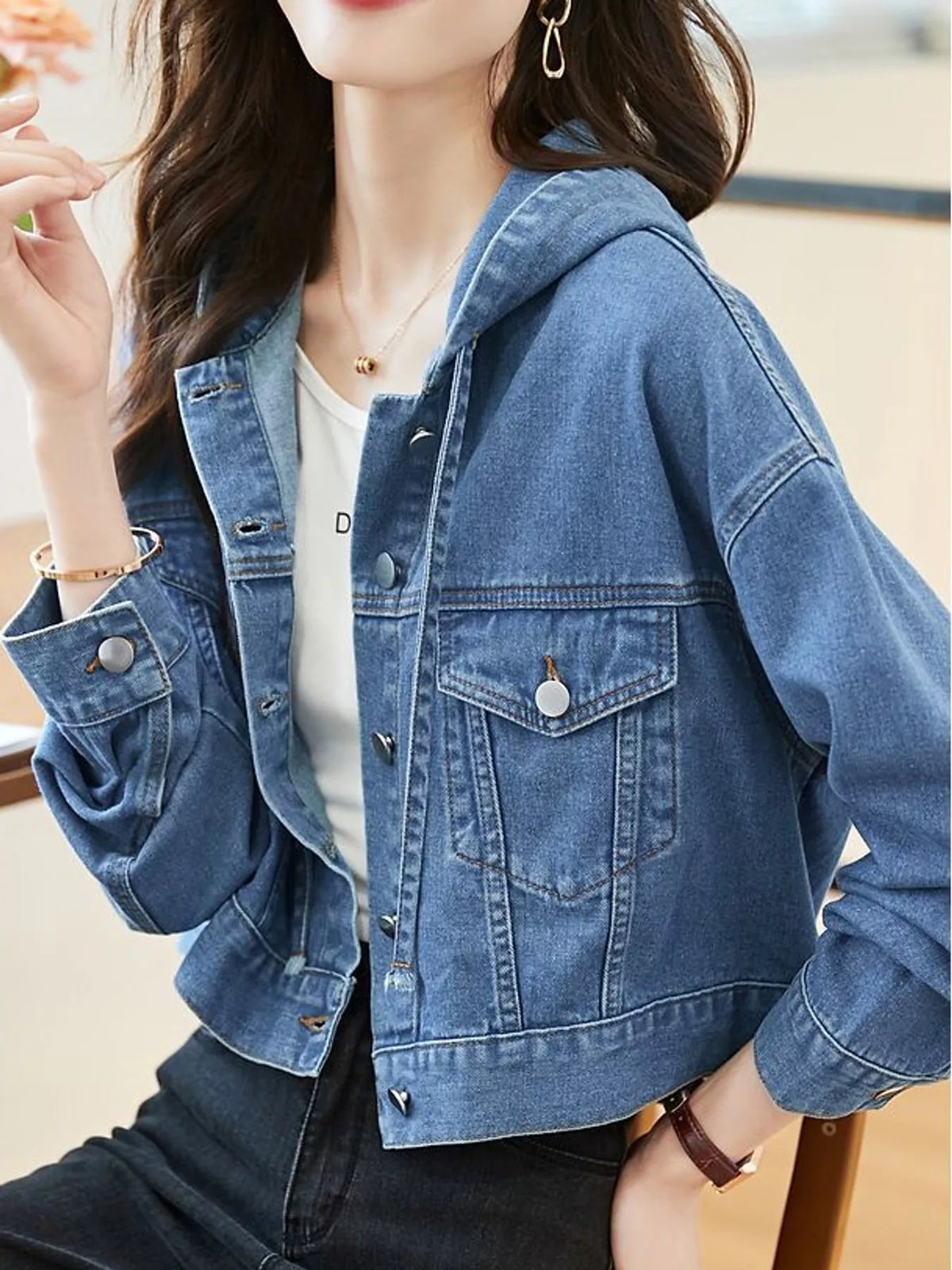 Hooded Cropped Denim Jacket in blue