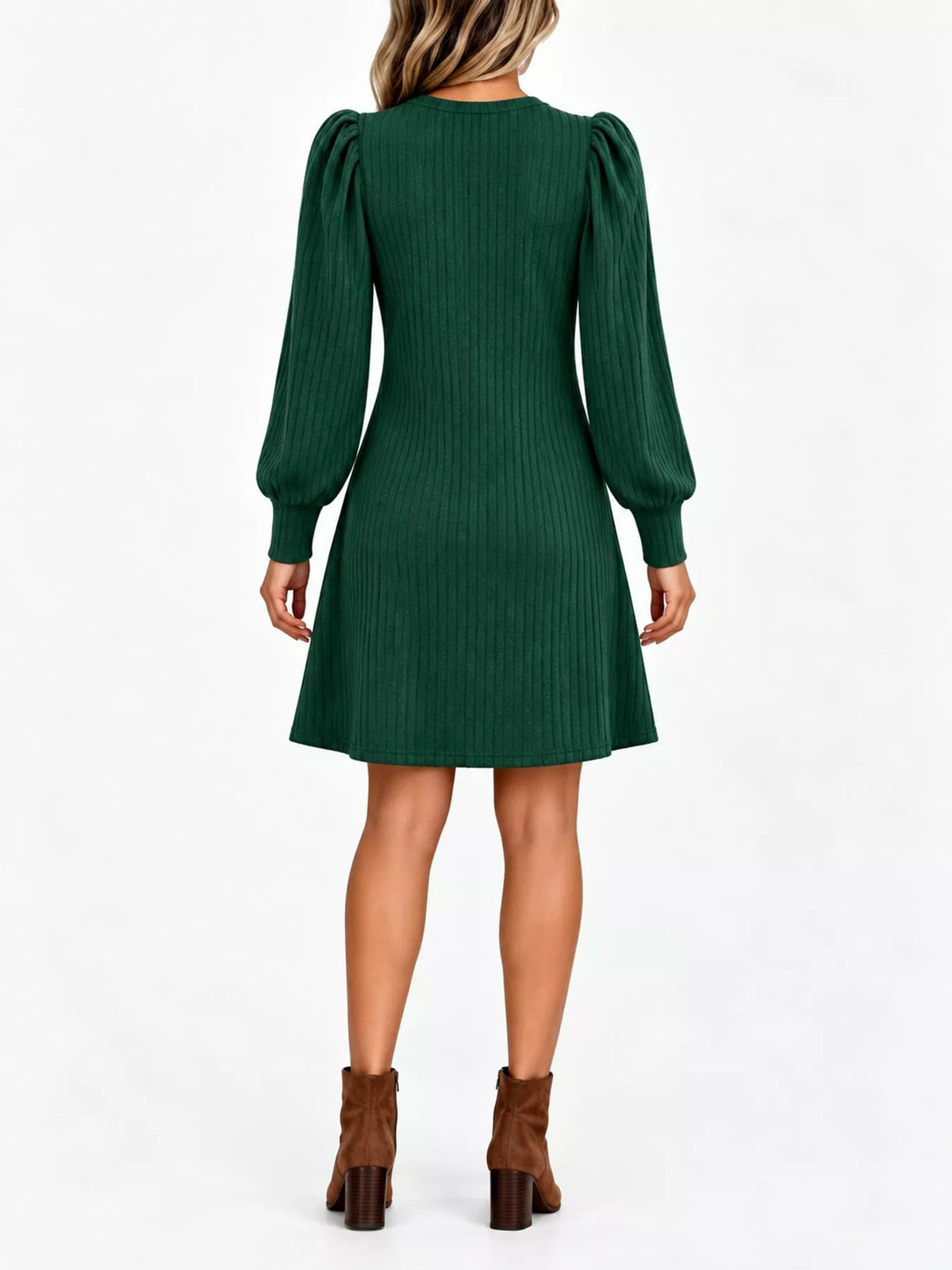 Ribbed puff-sleeve dress, green back