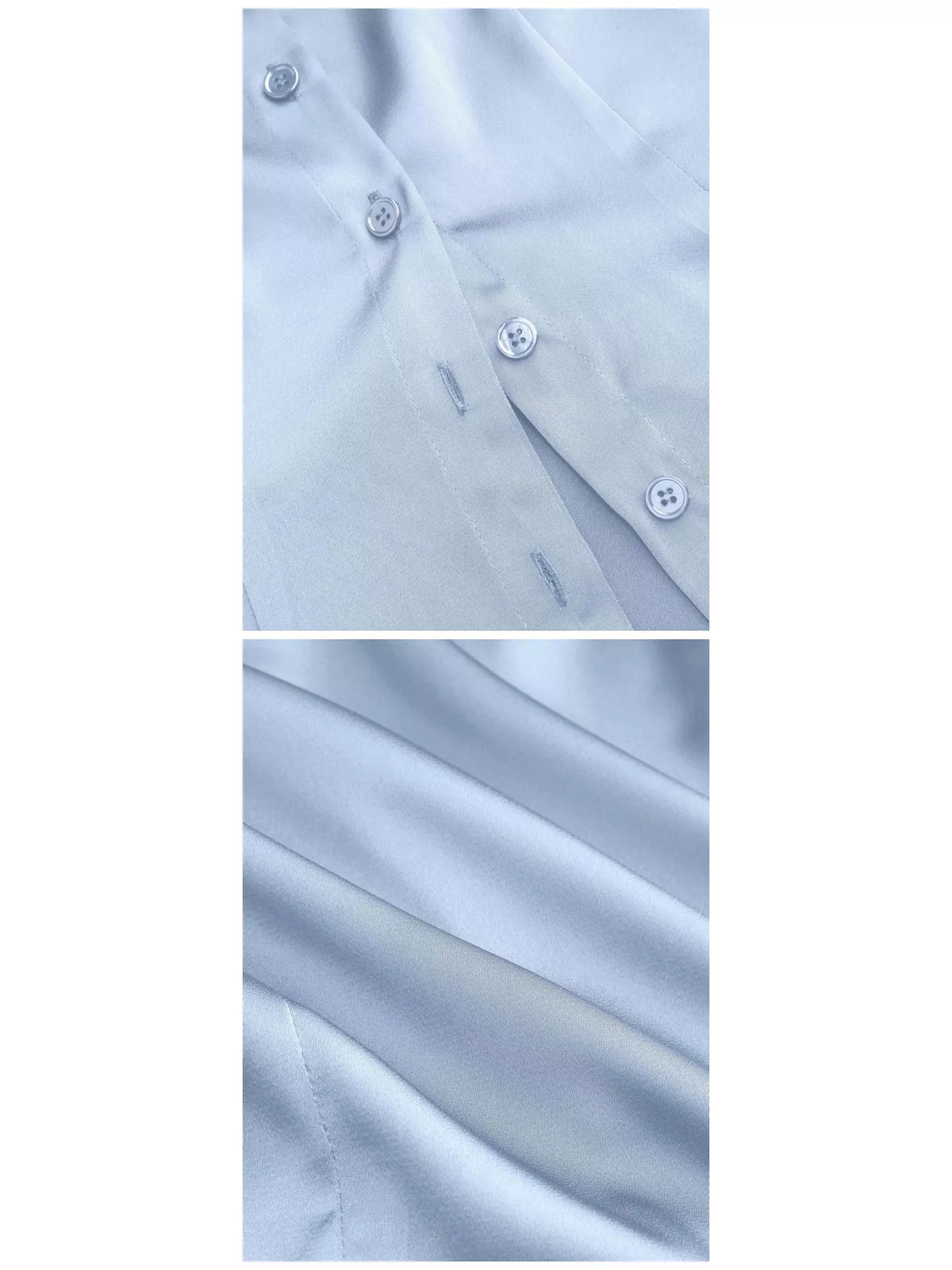Satin Short Sleeve Button-Down Shirt, detail view in light blue