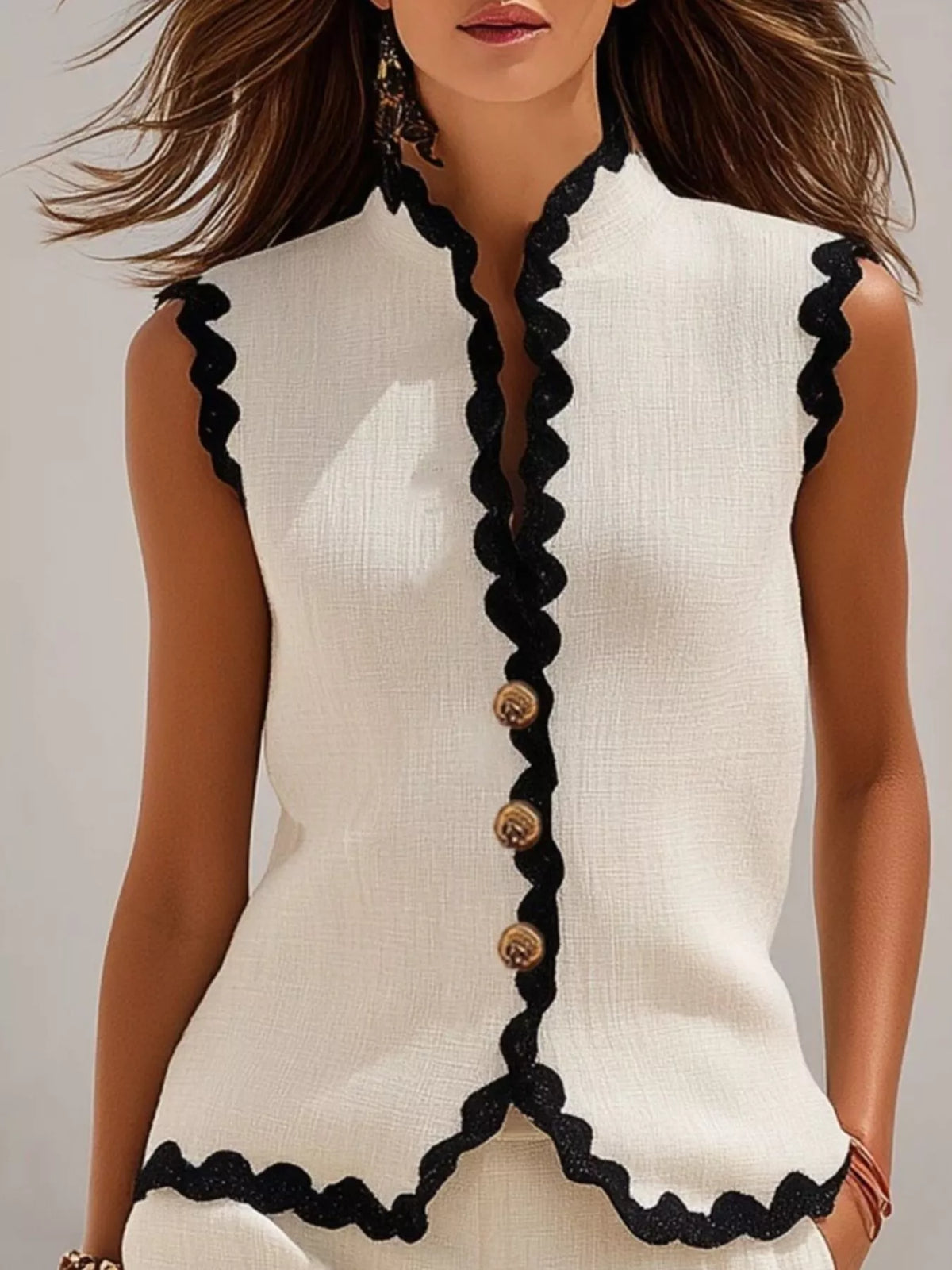 White and black scalloped top and shorts set, neckline and button detail