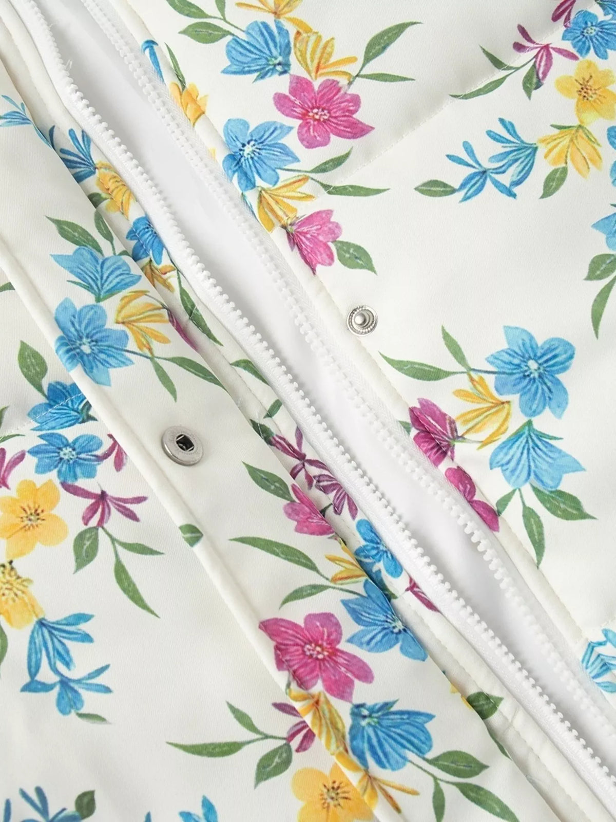 Floral Print Stand Collar Puffer Jacket, zipper detail
