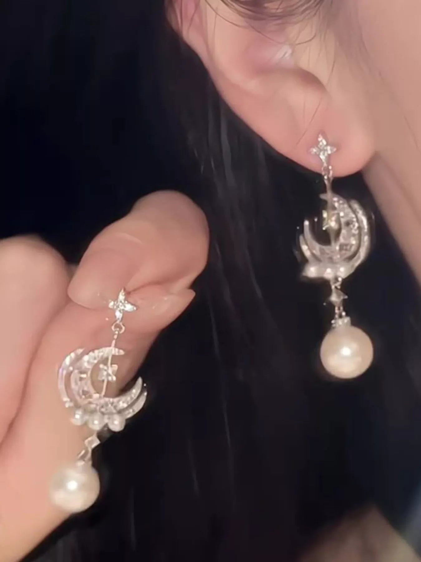 Trendsi Moon & Star Pearl Dangle Earrings -