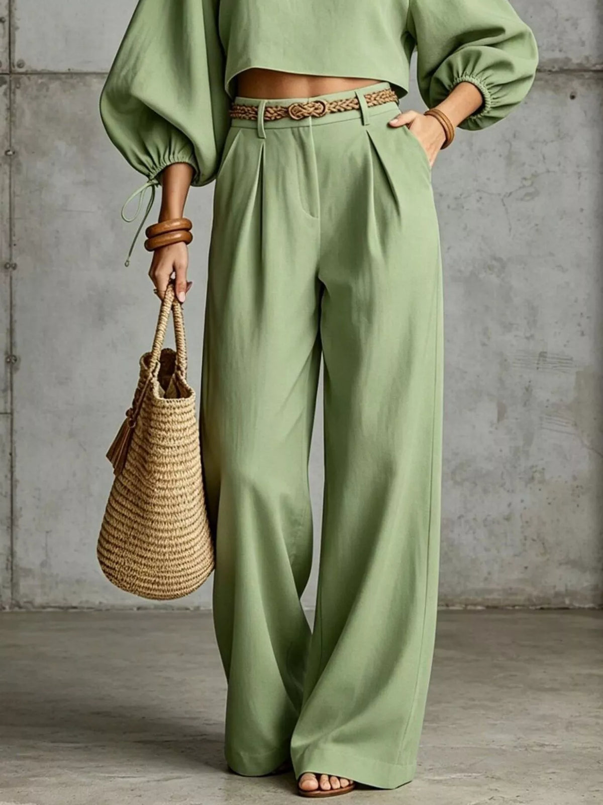 Cropped blouse and pants set, green pants detail