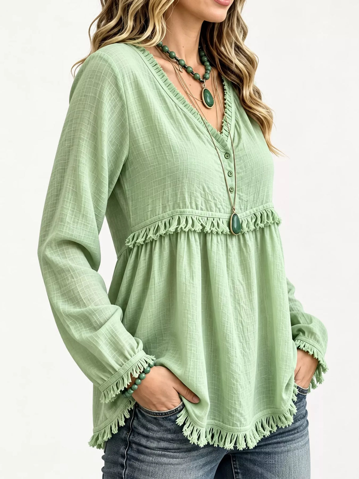 Fringe-trim blouse, light green side