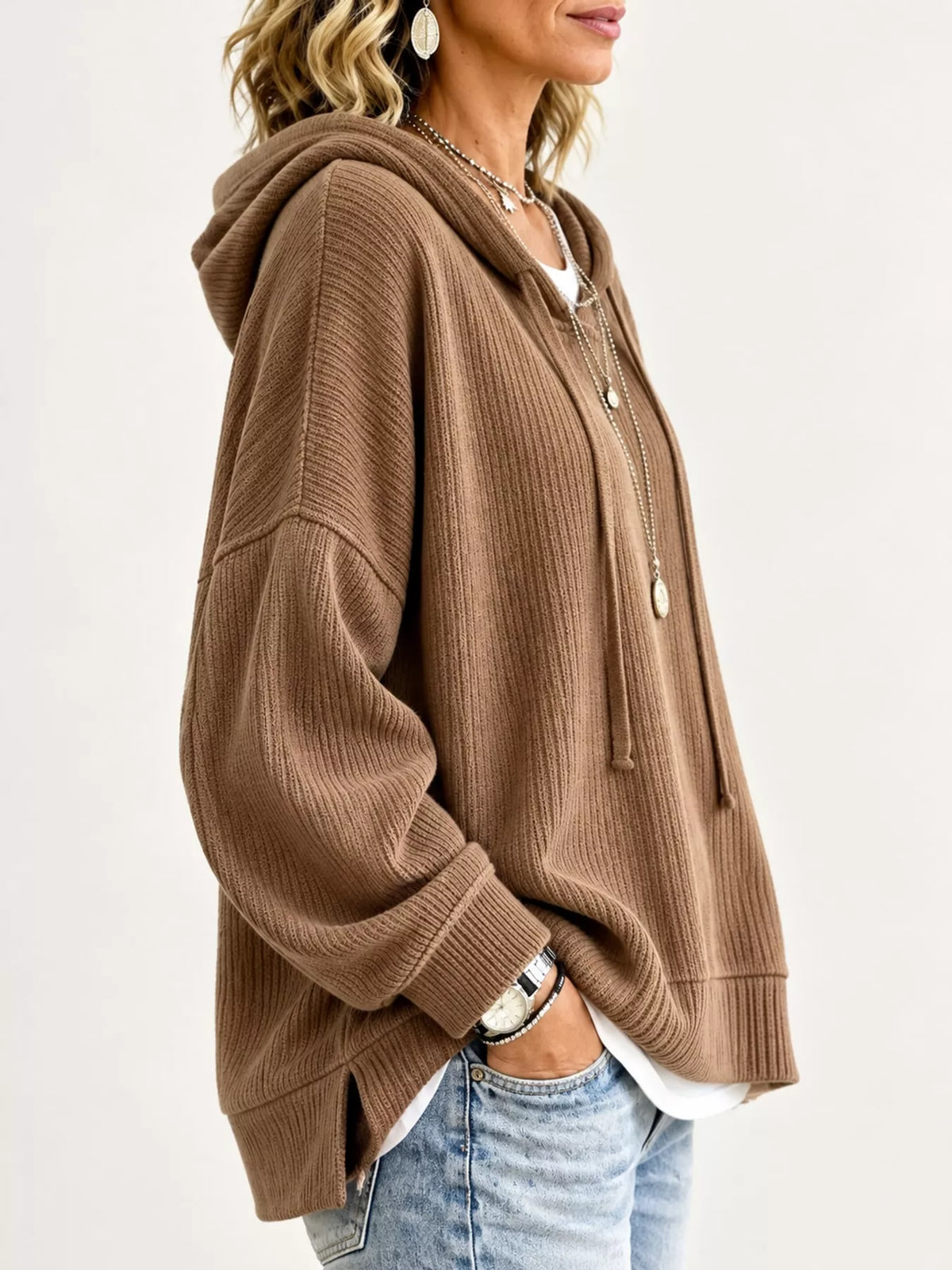 Drawstring Hoodie in brown, side view