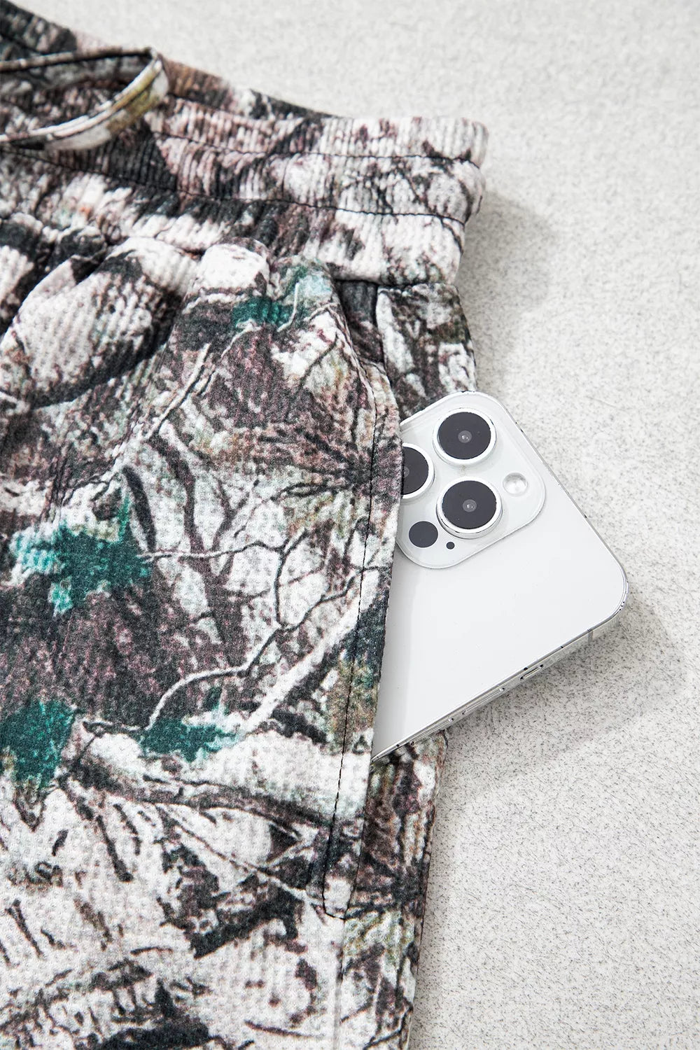 Women's camo long sleeve top and elastic-waist shorts two-piece set