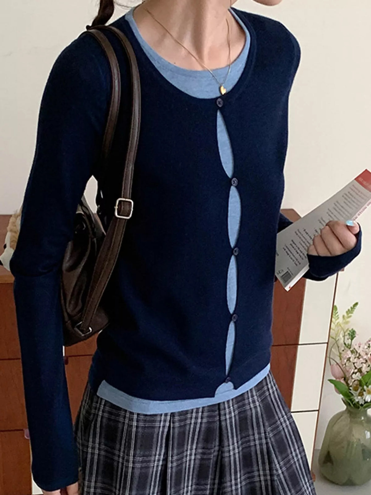 Layered knit top, navy front