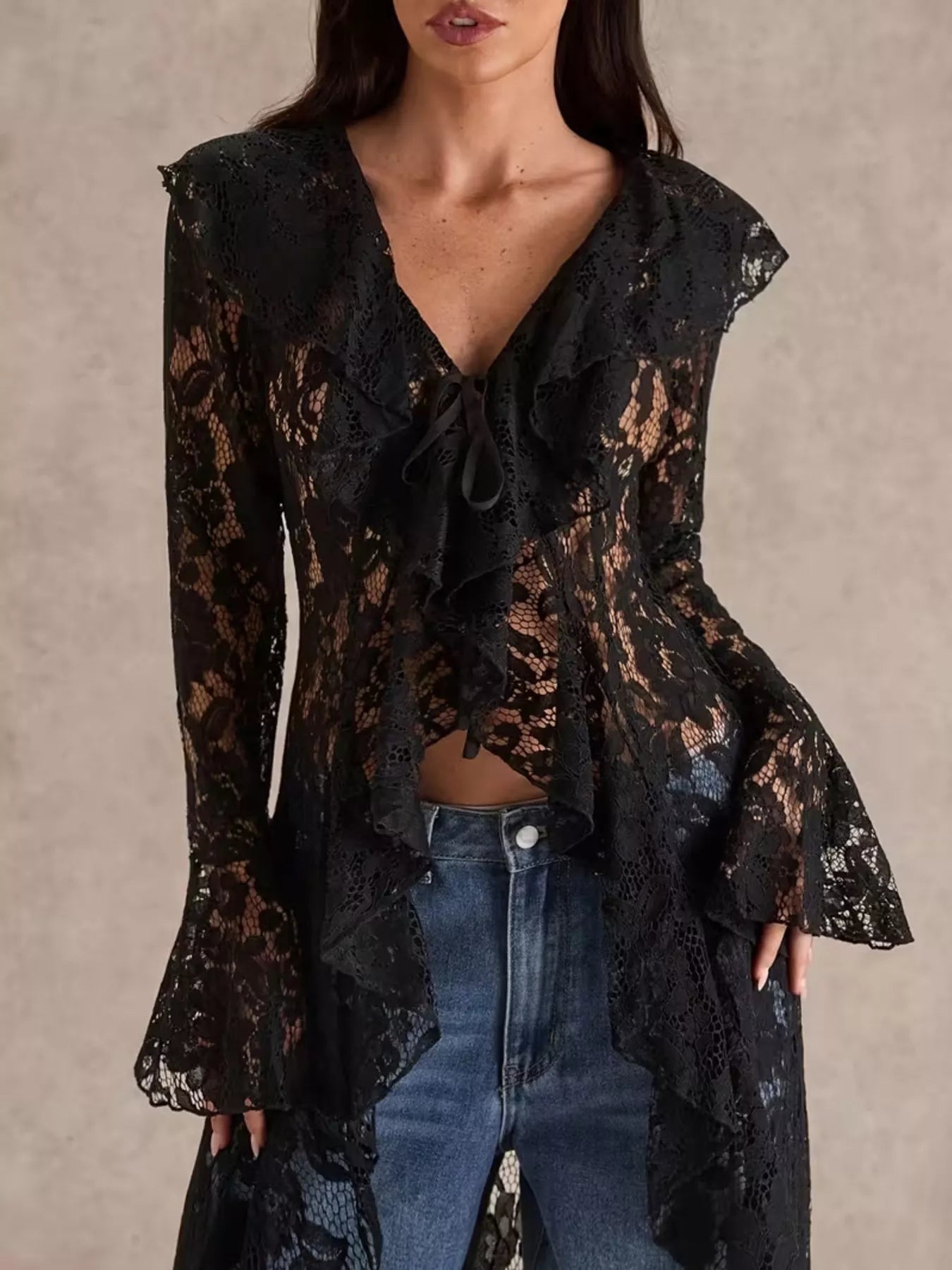 Lace ruffle-trim high-low blouse