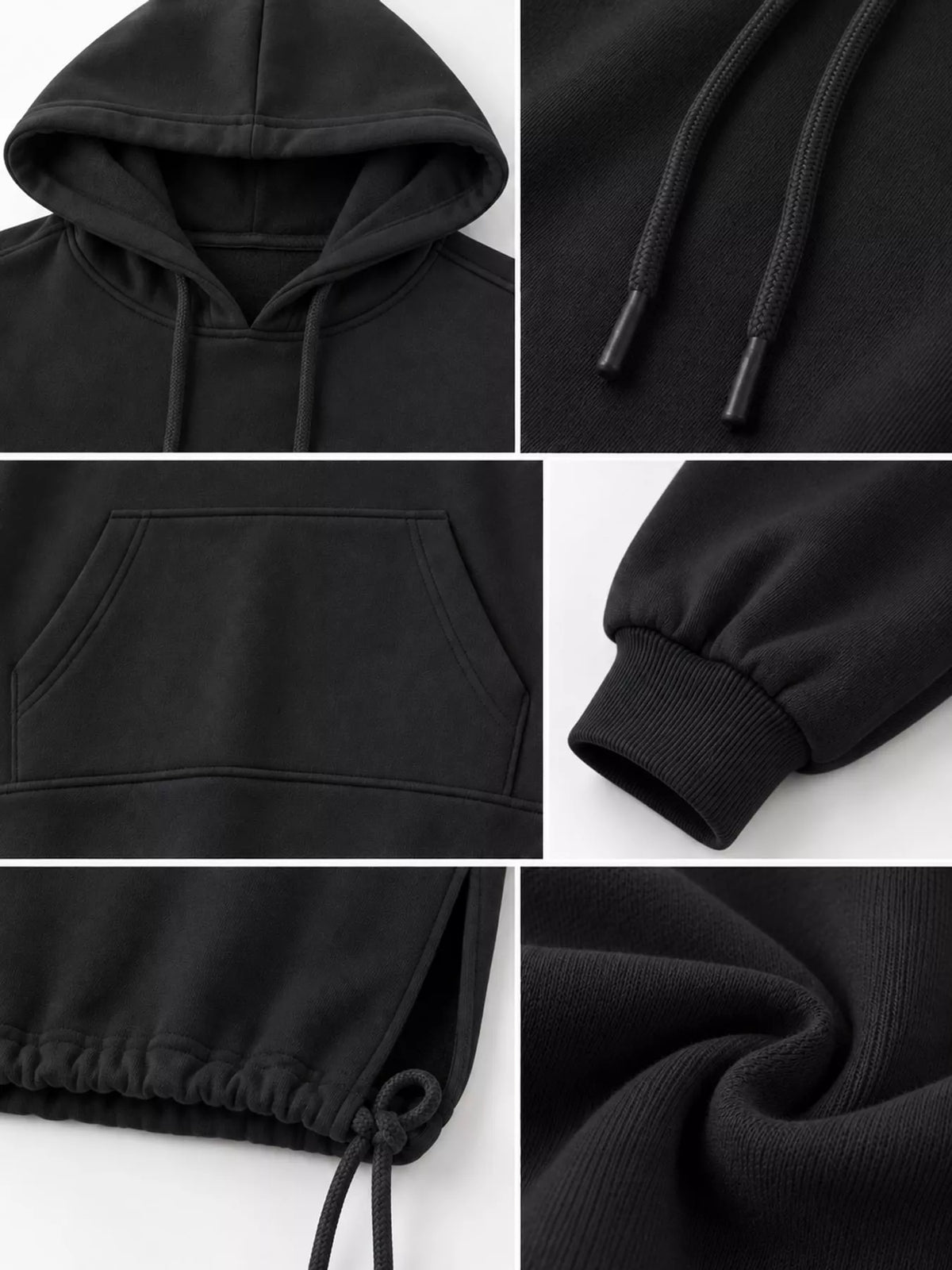Black hooded sweatshirt midi dress with drawstring hem, detail view