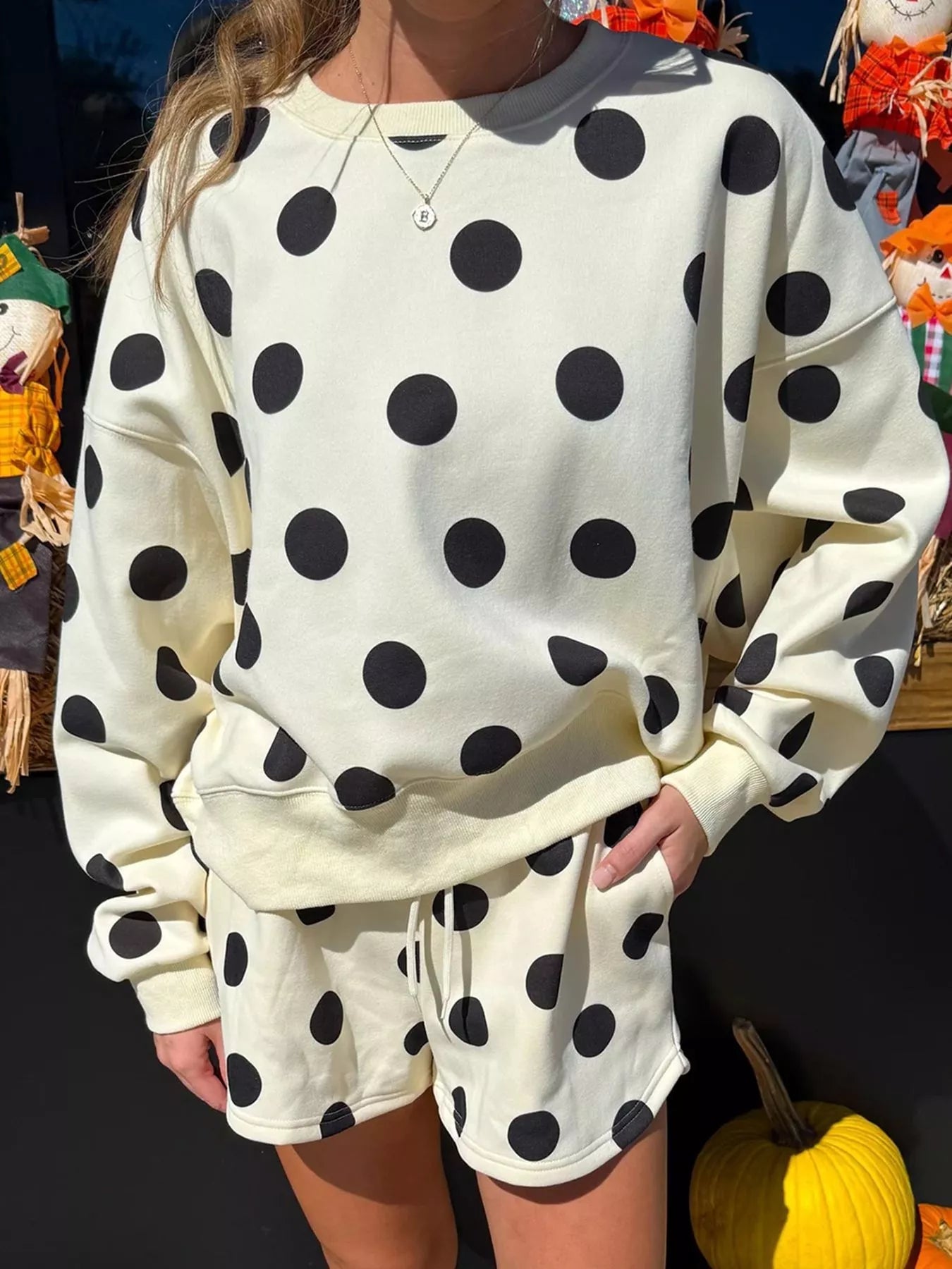 Trendsi Polka Dot Crewneck Sweatshirt and Shorts Set -