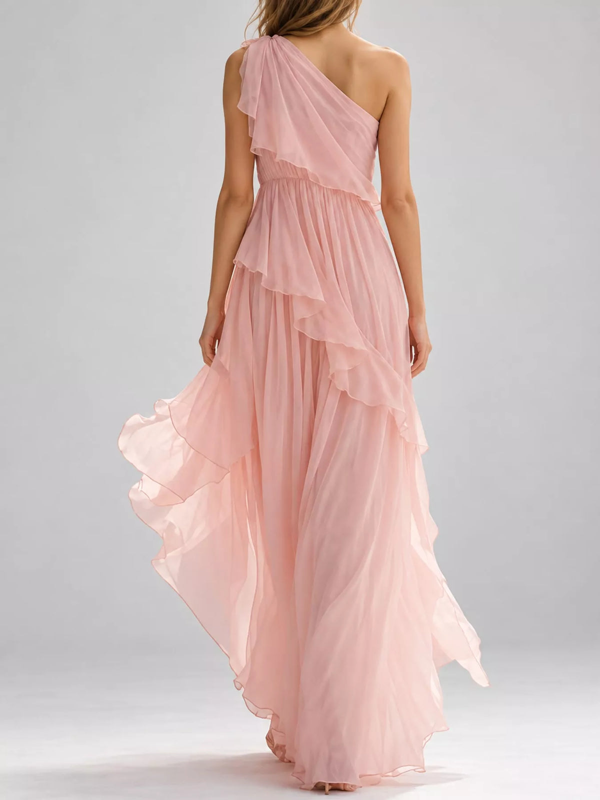 Women's One-Shoulder Ruffled Chiffon Maxi Dress in pink — back view