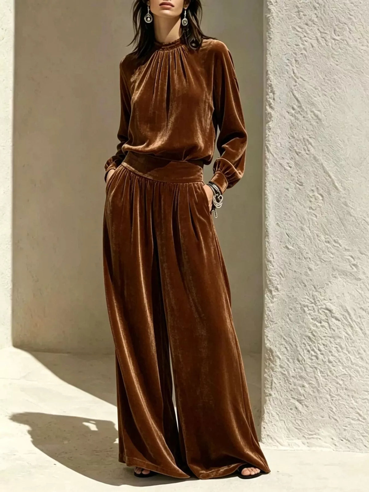 Brown velvet mock-neck top and pants set, full front view