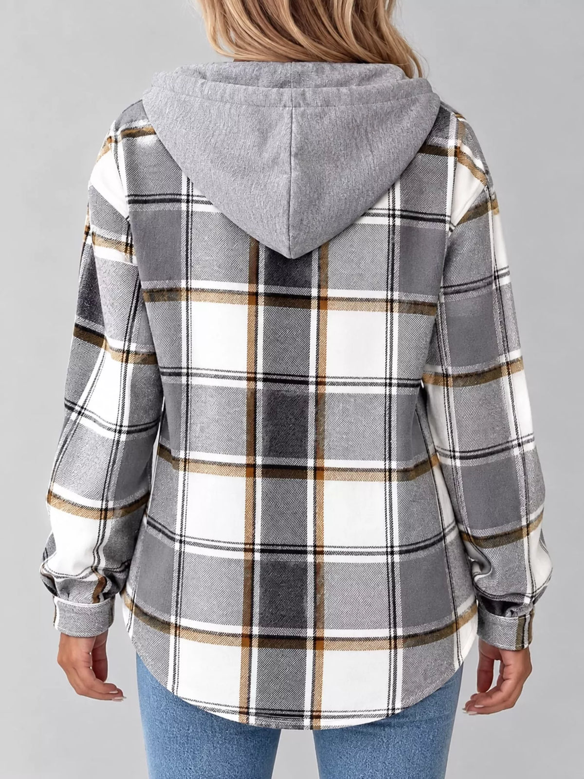 Button-Down Printed Contrast Hooded Shacket — back view