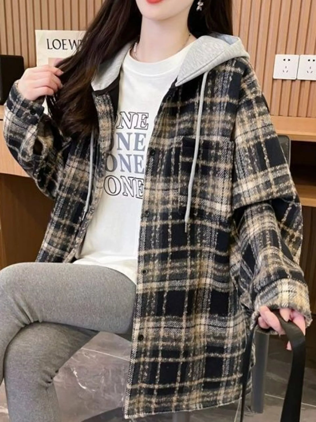 Black plaid button-up hooded shacket