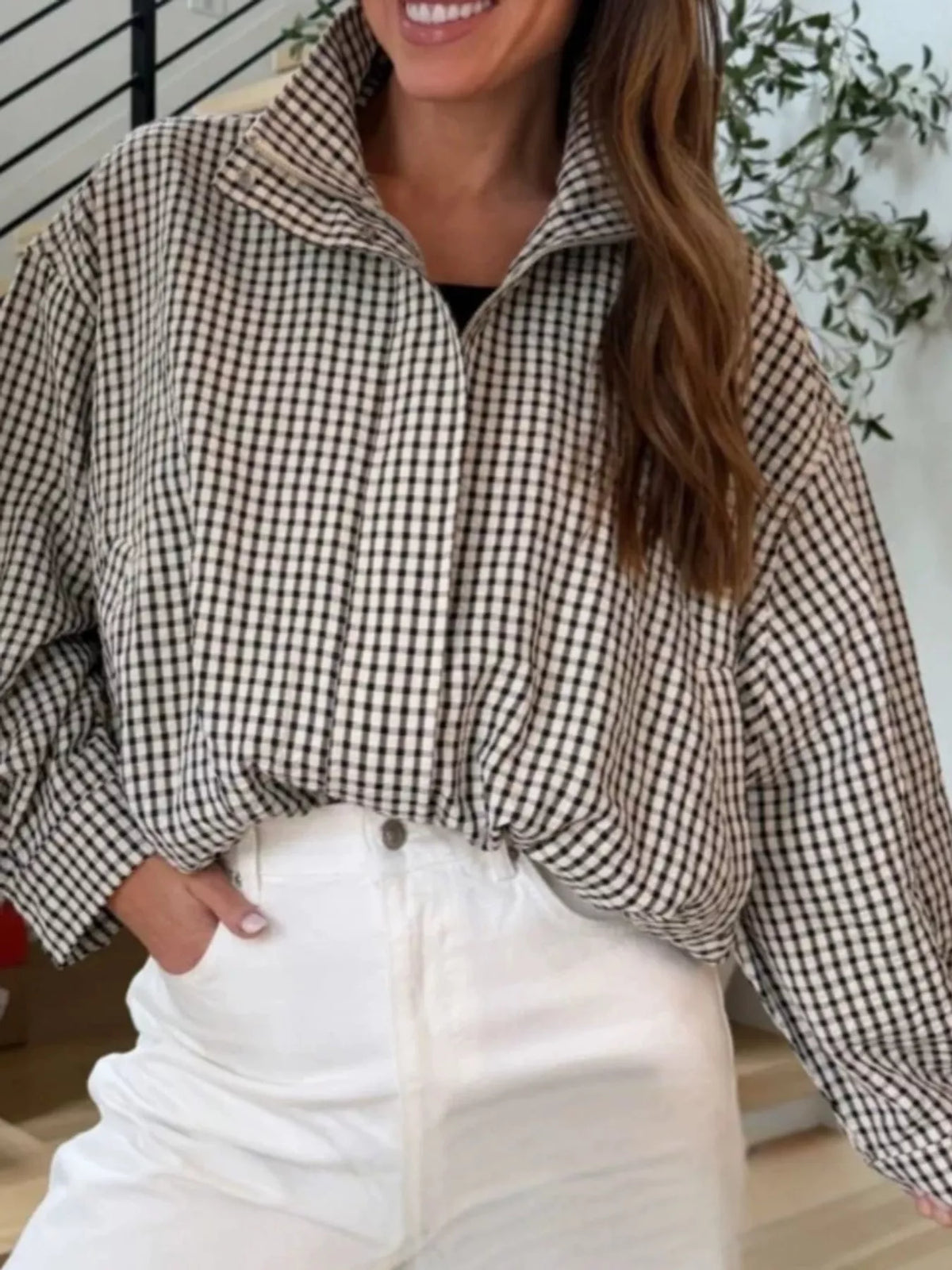 Black And White Plaid plaid stand-collar cropped jacket
