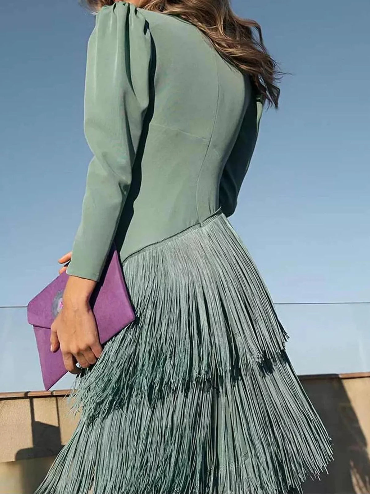 Women's Fringed V-Neck Puff Sleeve Midi Dress in sage — sleeve detail view