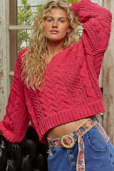 Trendsi POL Cable-Knit Solid V-Neck Cropped Sweater -