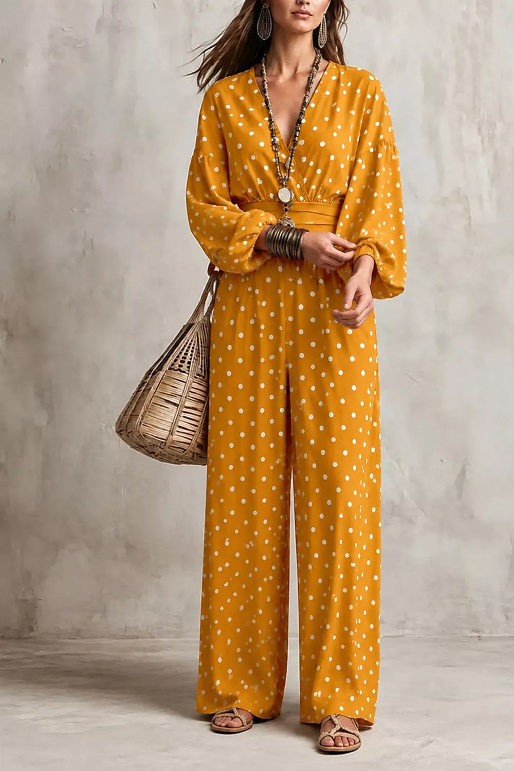 Women's Polka Dot Wide-Leg Jumpsuit in Mustard, back view