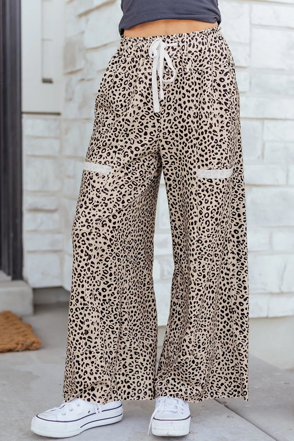 Trendsi Leopard Print Wide-Leg Pants with Drawstring -