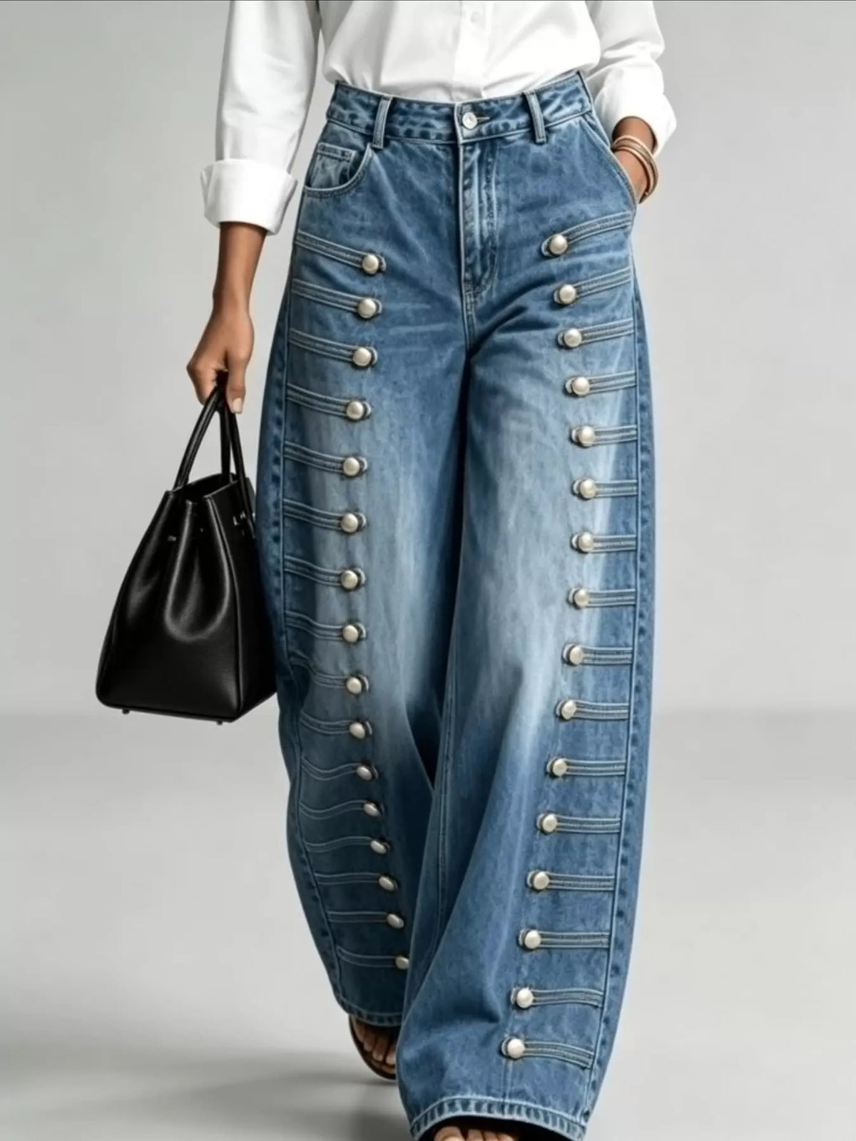 Decorative Button Wide-Leg Jeans in blue, front view