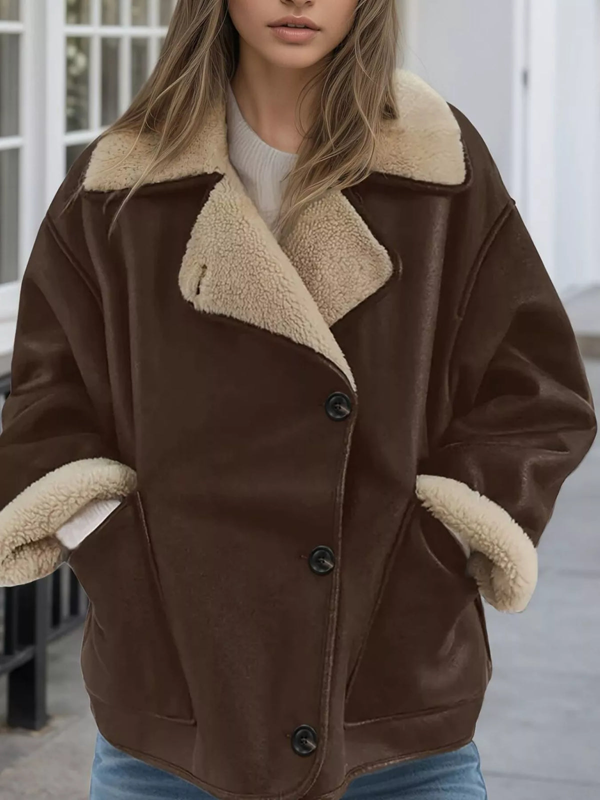 Coffee Brown Sherpa-Lined Button-Down Jacket with Pockets front detail