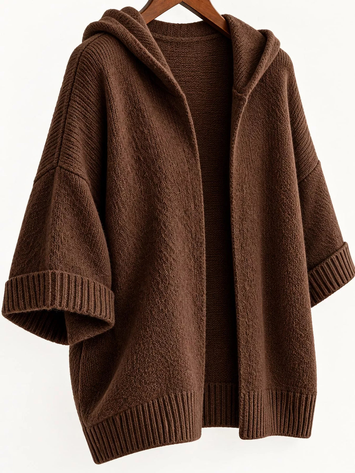 Hooded knit cardigan, brown flat lay