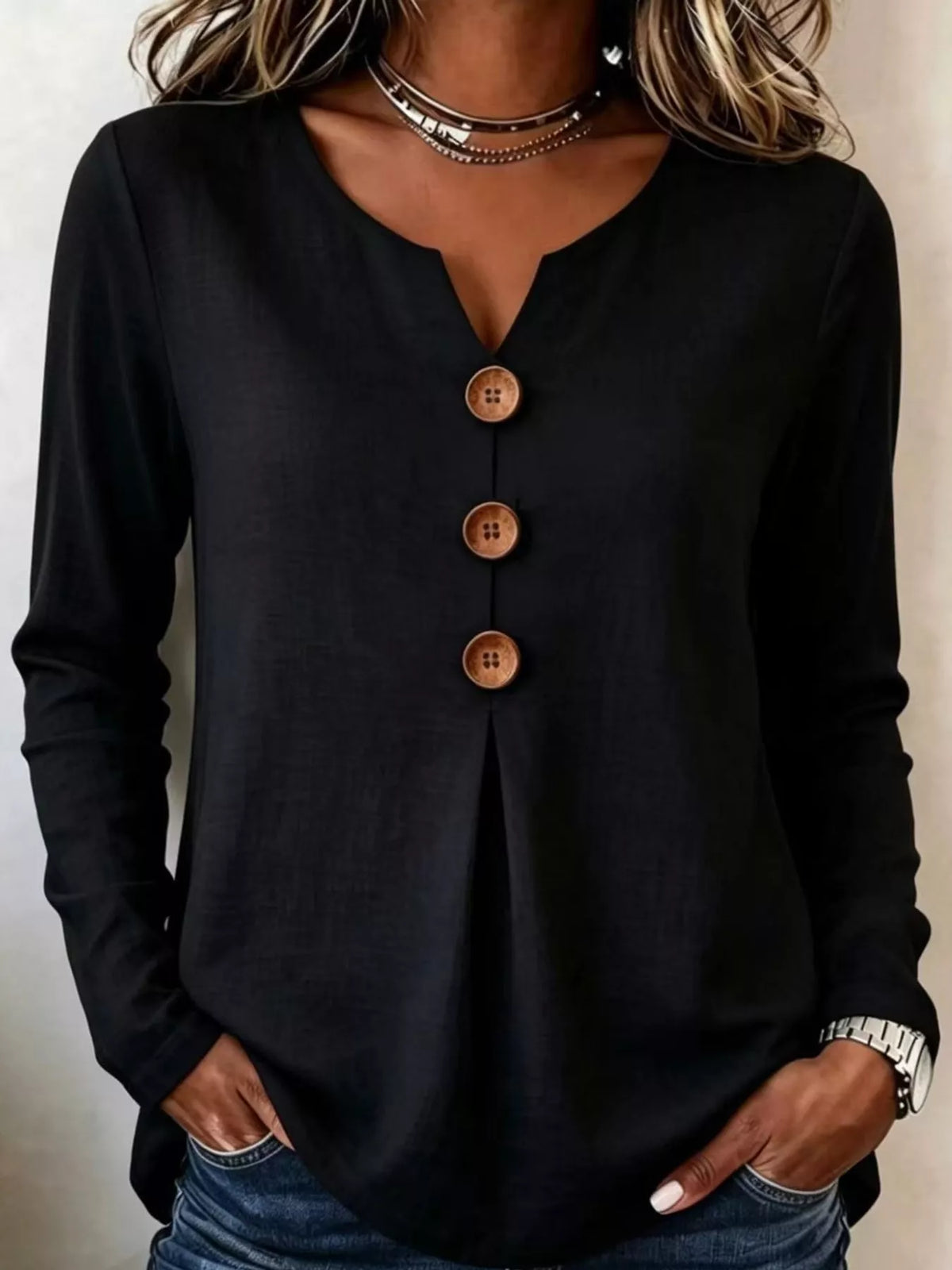 Black long sleeve decorative button blouse