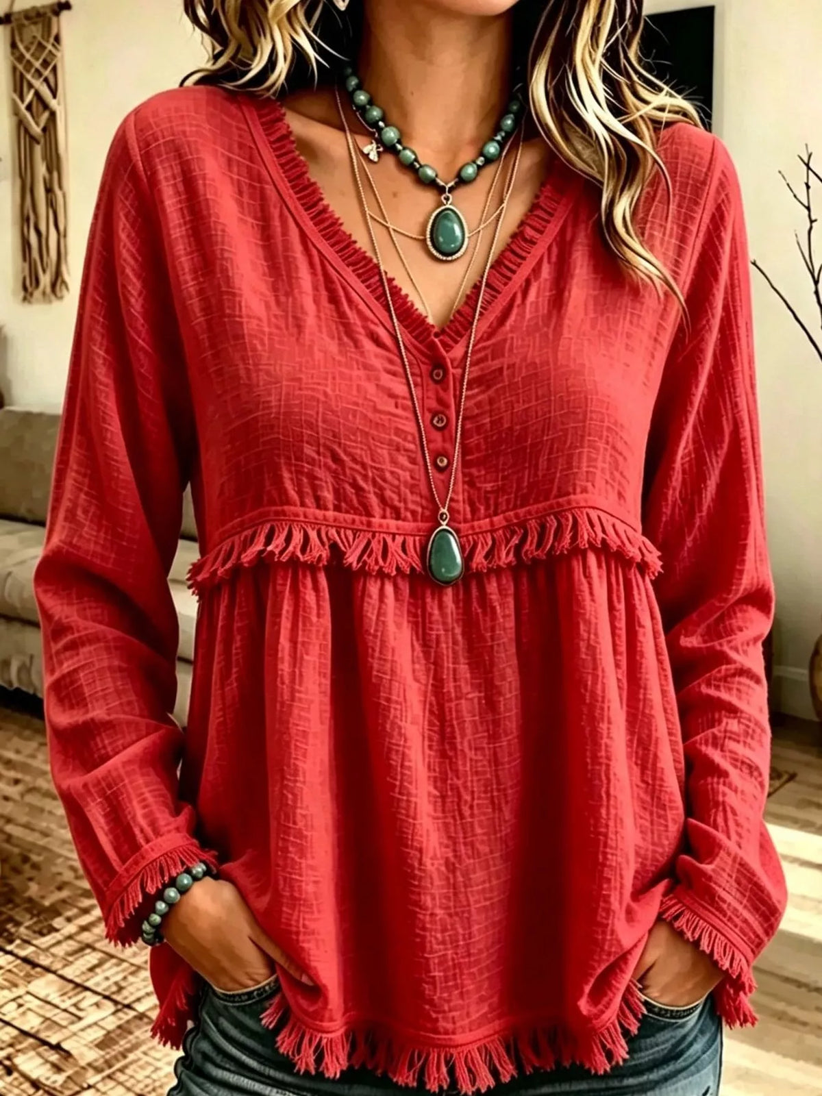 Fringe-trim blouse, red front