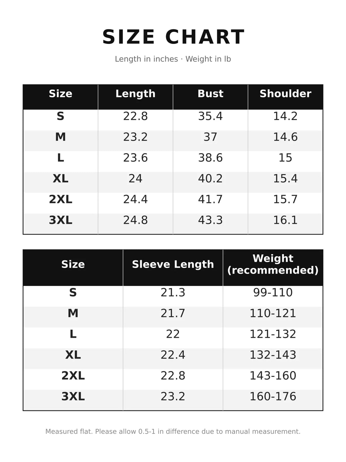 Size chart for button-down shirt