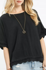 Trendsi Umgee Linen Frayed Hem Scallop Edge Top -