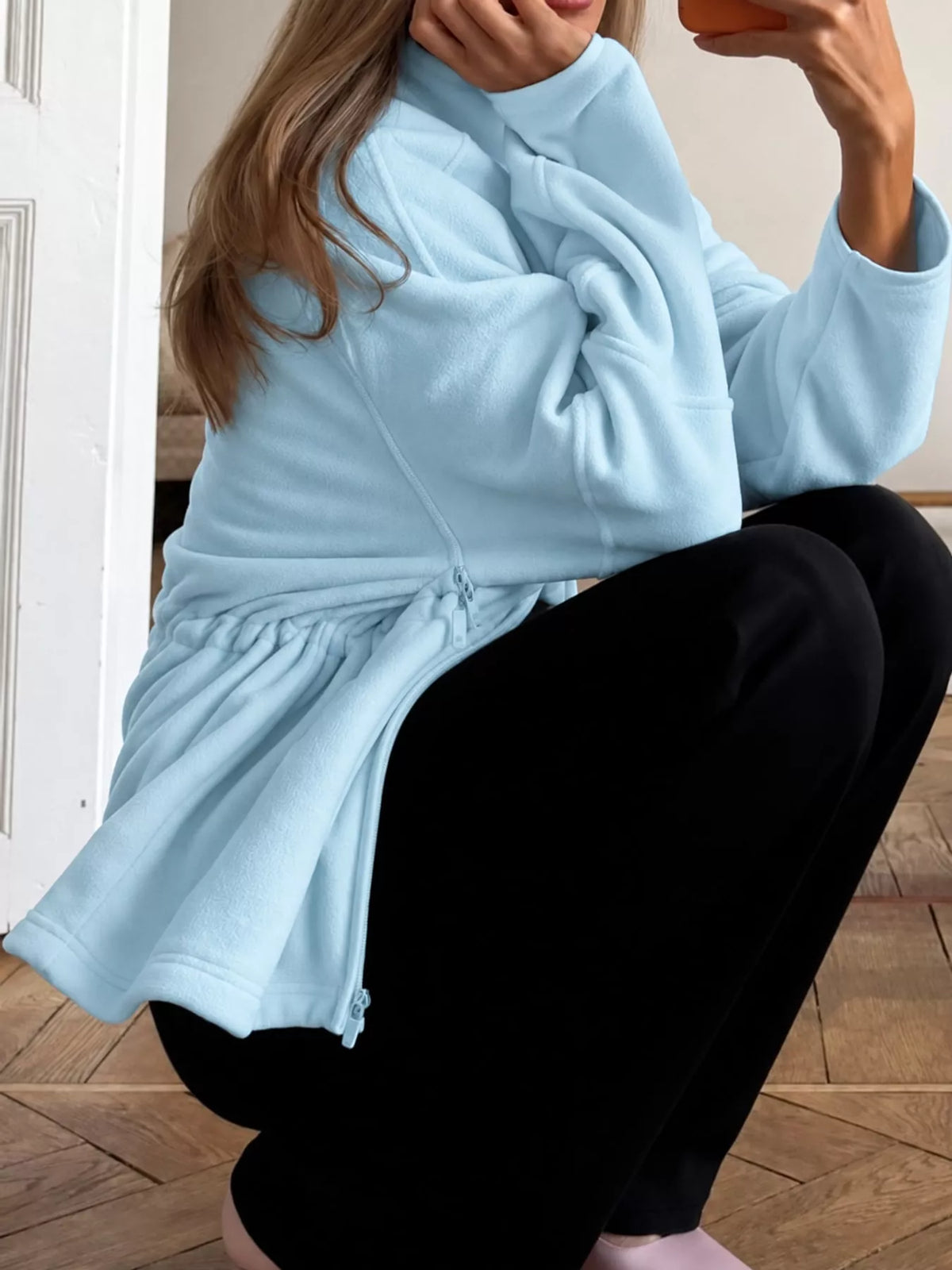 Blue drawstring fleece zip-up jacket