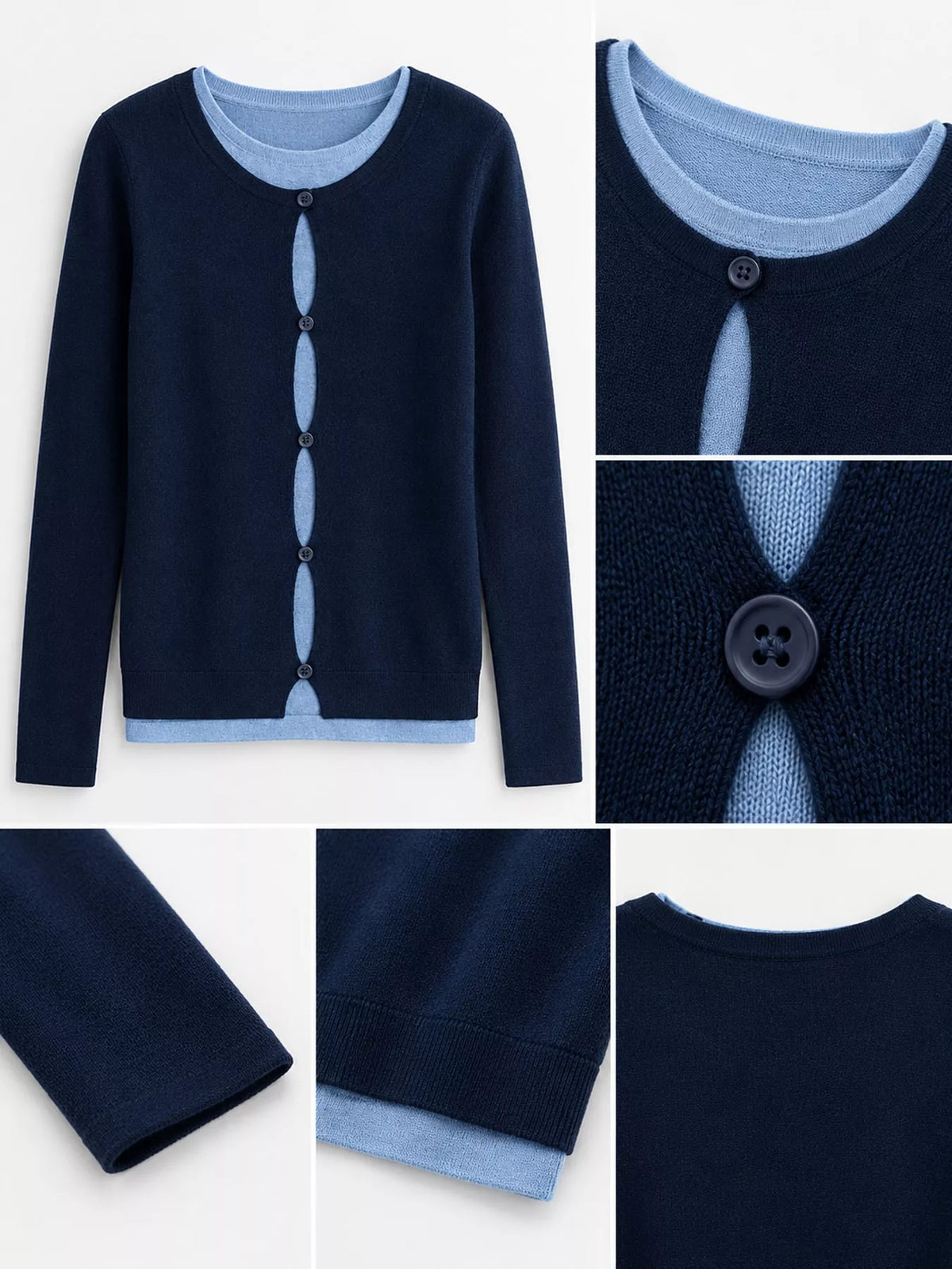 Layered knit top, navy detail collage