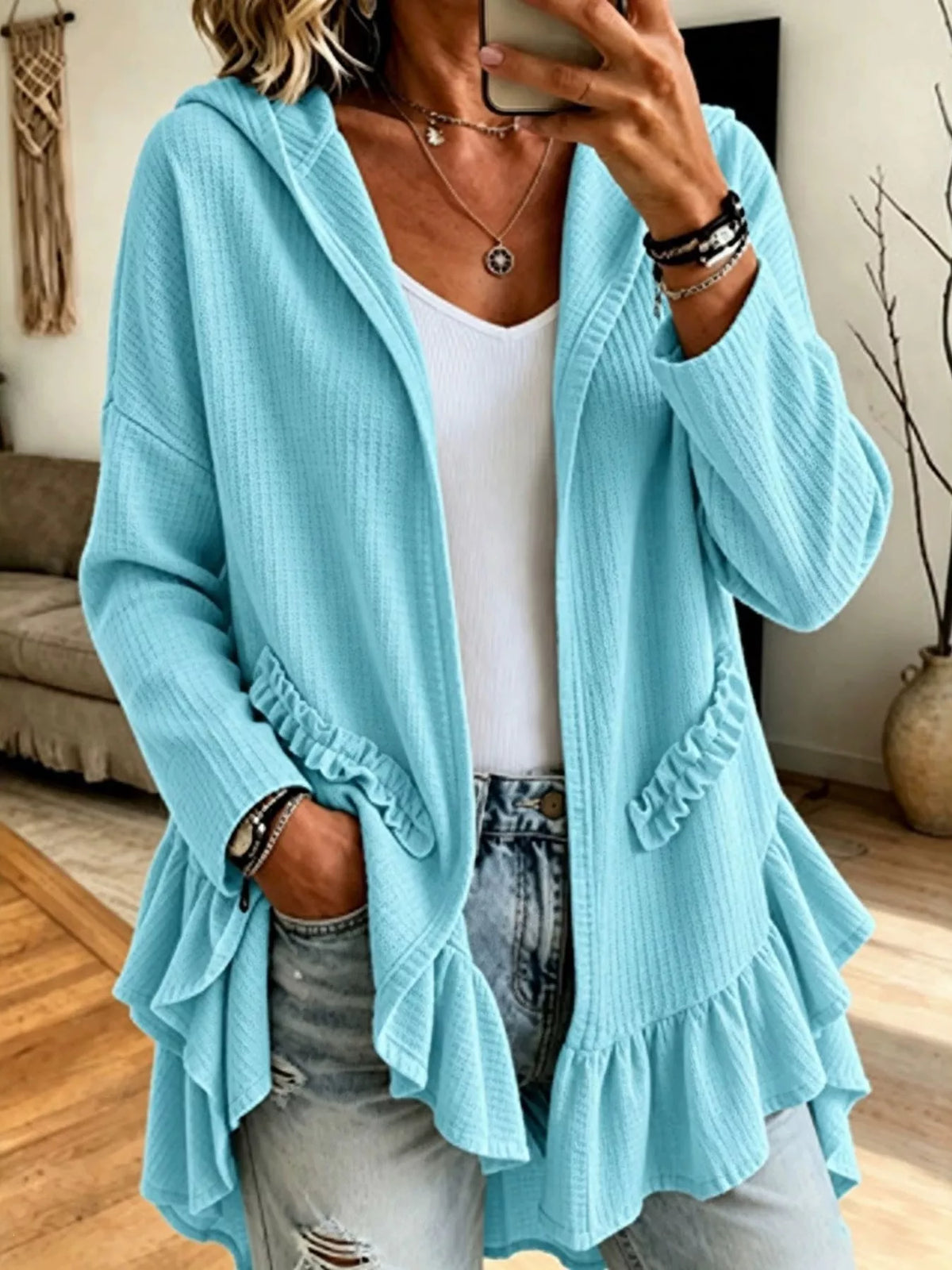 Ruffle Hem Zip-Up Hooded Jacket — front view
