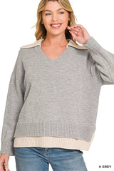 Trendsi Zenana Dual-look Collared V-neck Sweater -