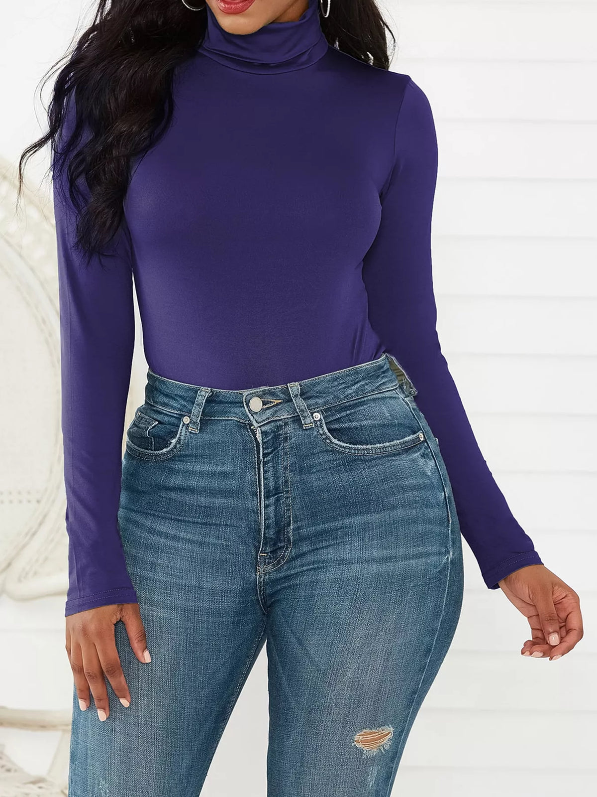 Long Sleeve Turtleneck Slim-Fit Bodysuit in dark purple