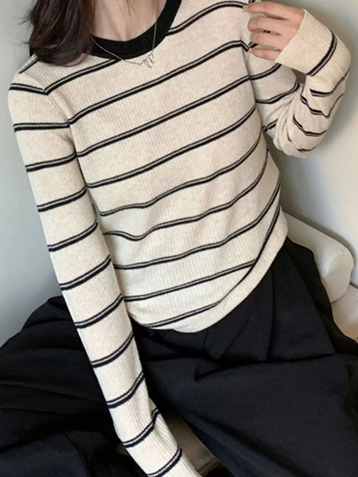 Striped Round Neck Ribbed Knit Top, detail view in cream and black