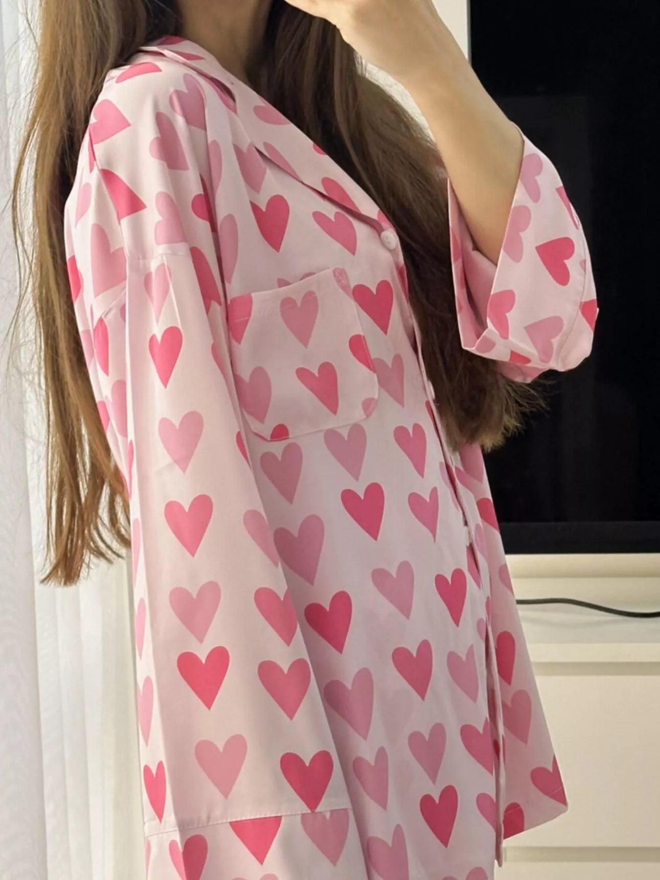Trendsi Heart Print Button Up Top and Pants Lounge Set -
