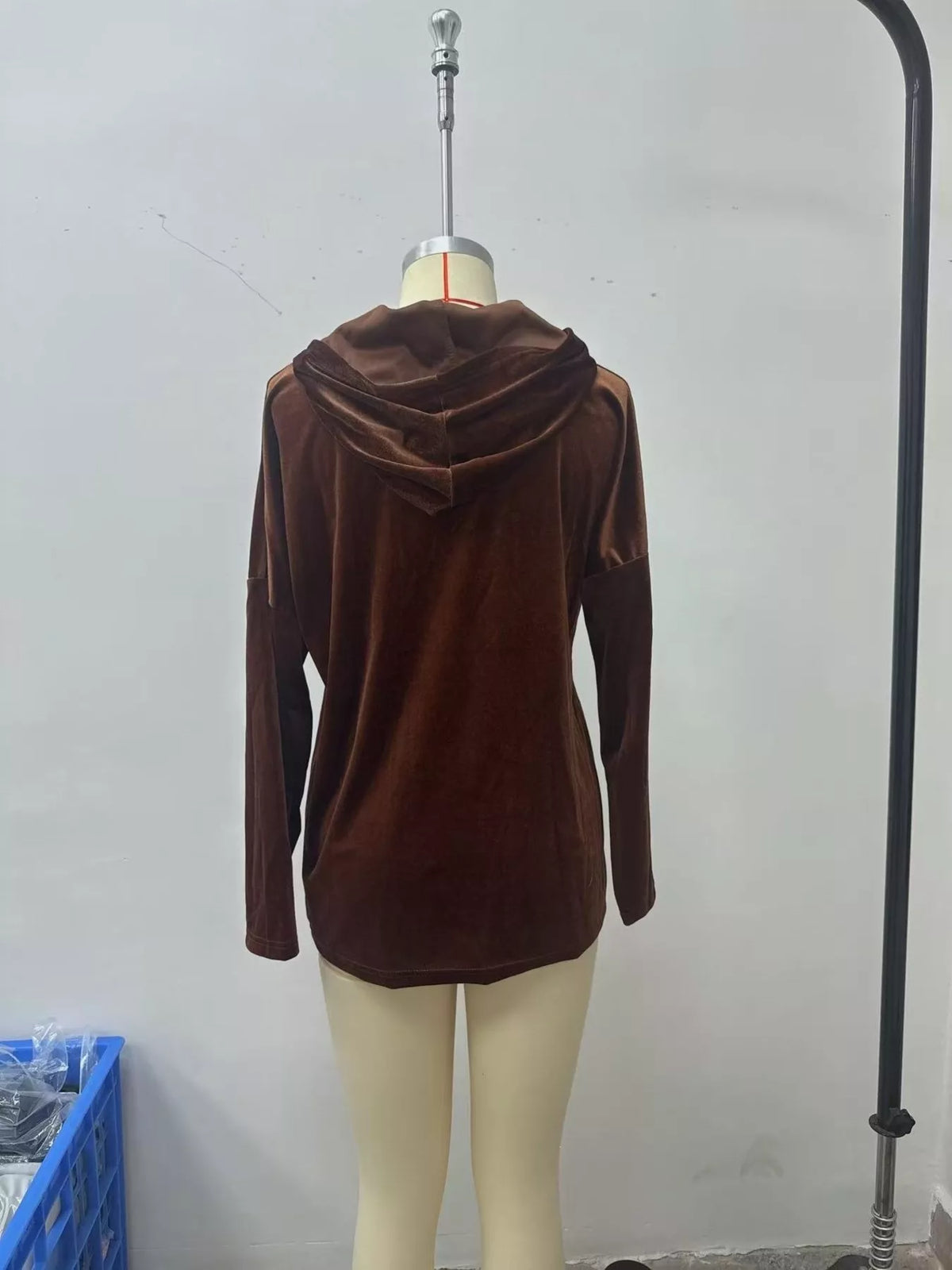 Women's Velvet Front Pockets Hoodie in Coffee Brown, back view