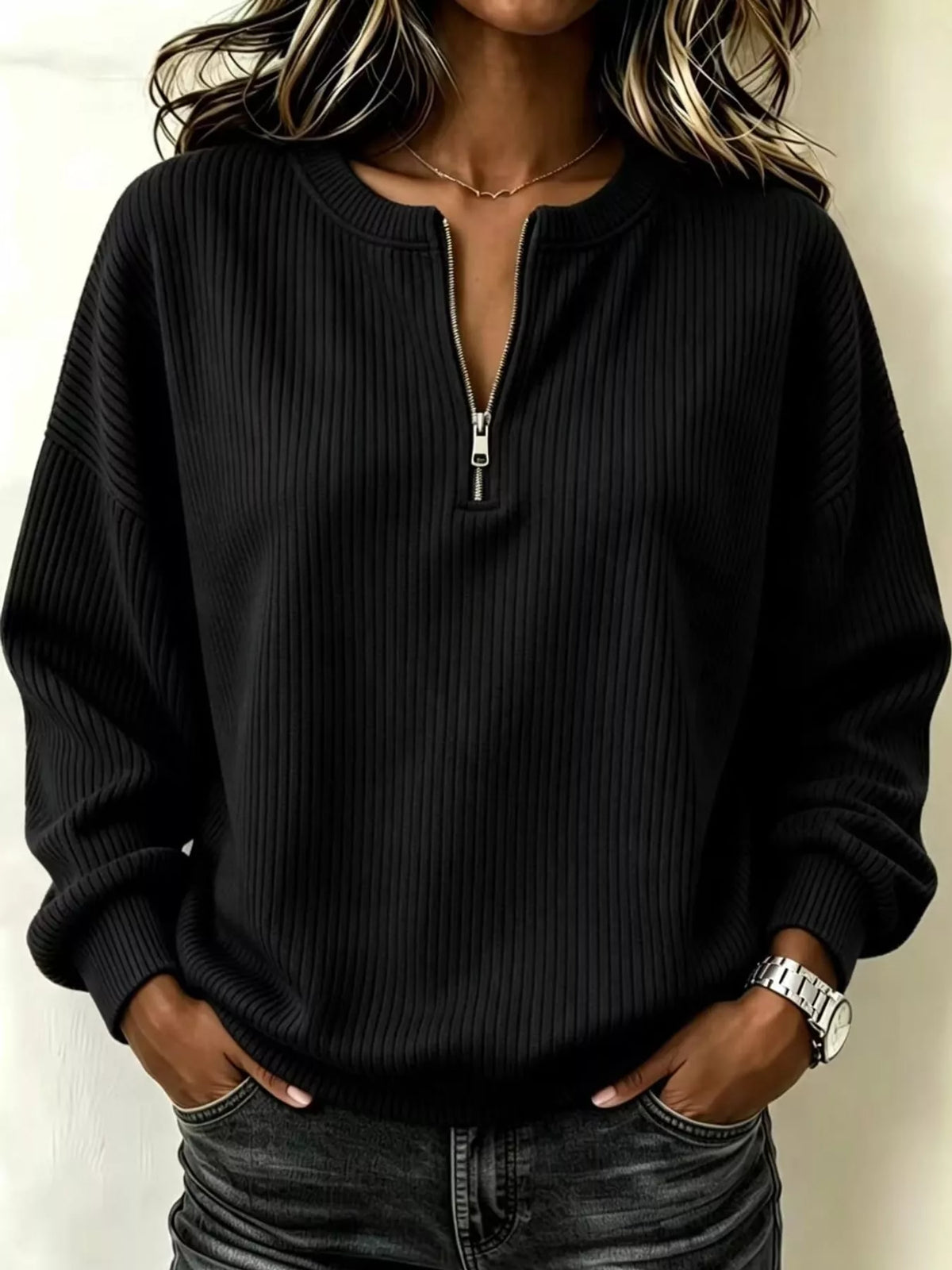 Women's Quarter-Zip Dropped Shoulder Sweatshirt in black — front view