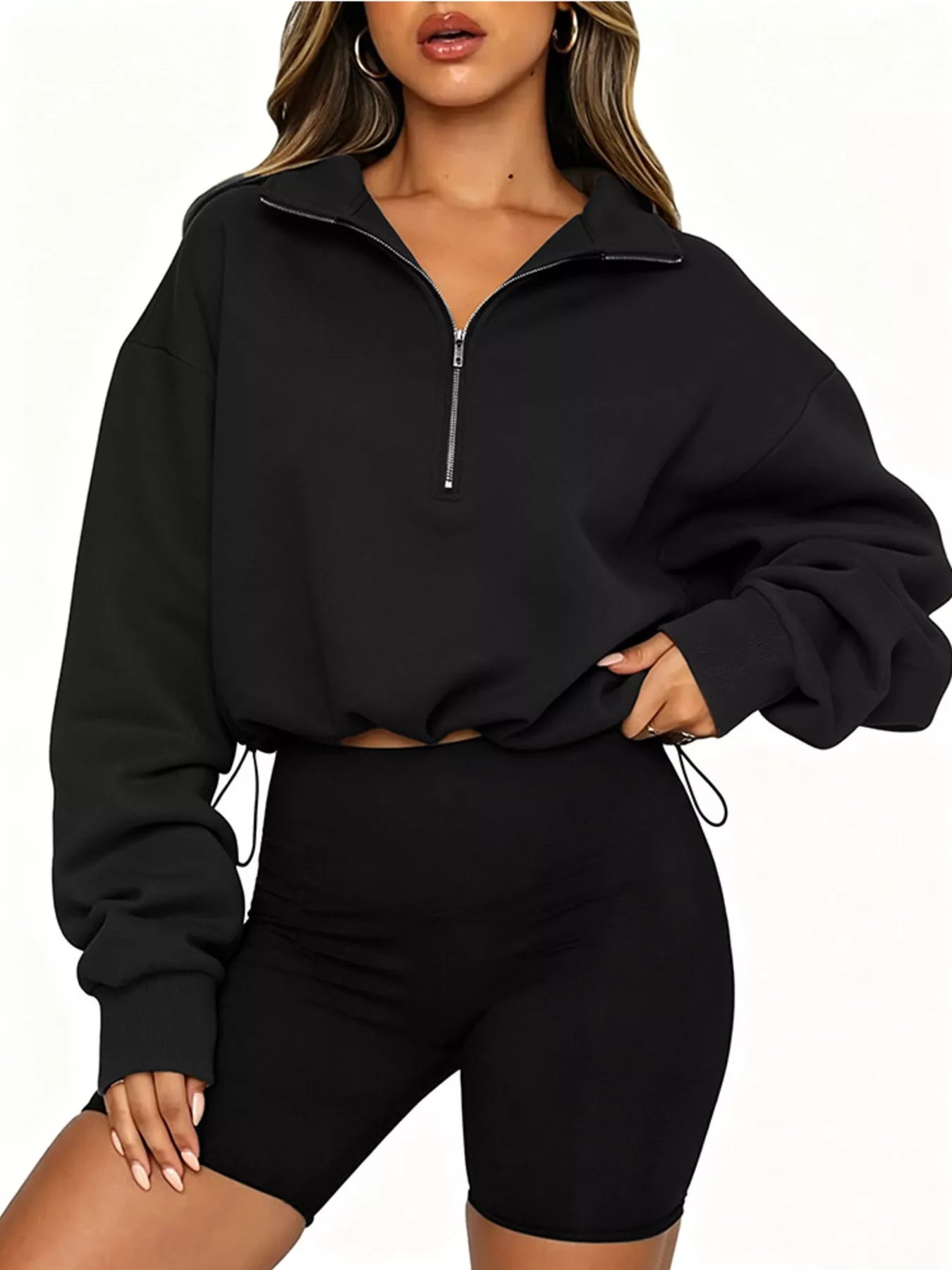 Trendsi Half Zip Drawstring Hem Sweatshirt -