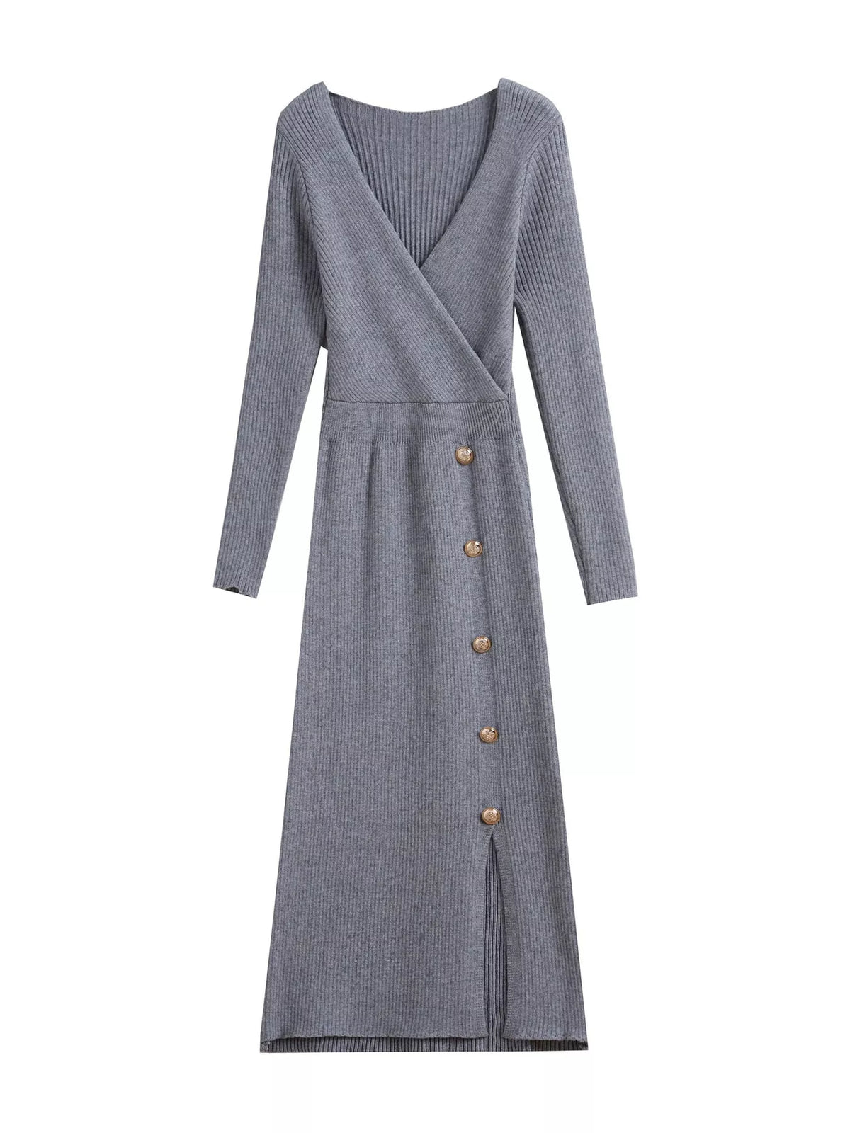 Gray decorative button ribbed knit sweater dress, front view