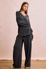 Trendsi BiBi Two Tone Cord Rib Contrast Stitching V-Neck Top and Pants Set -