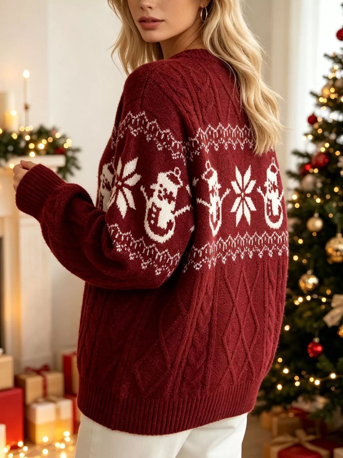 Burgundy christmas snowman cable-knit sweater, back view.