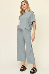 Trendsi Double Take Full Size Texture Round Neck Short Sleeve T-Shirt and Wide Leg Pants -